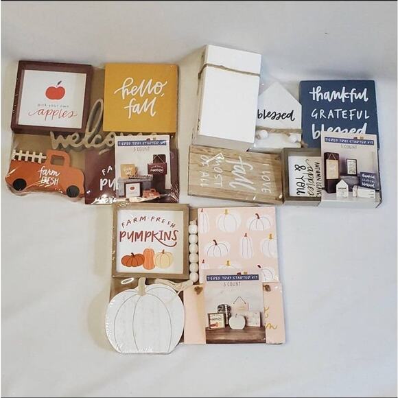 Target Other - 15 Pc Target Mini Tiered Tray Fall Signs Pink Pumpkins Truck Decor 3 Sets NEW